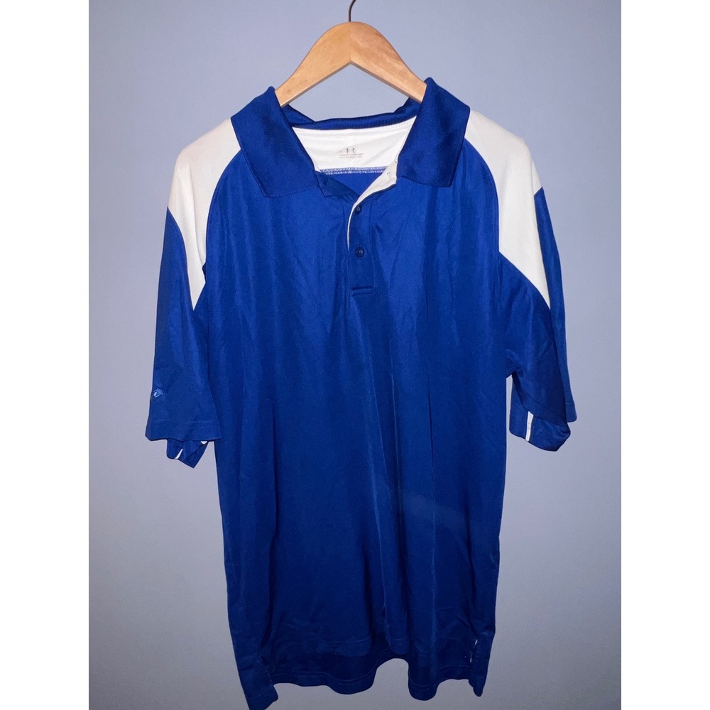 Under Armour Mens XL Blue White Colorblock Polo Shirt Rose Embroidery